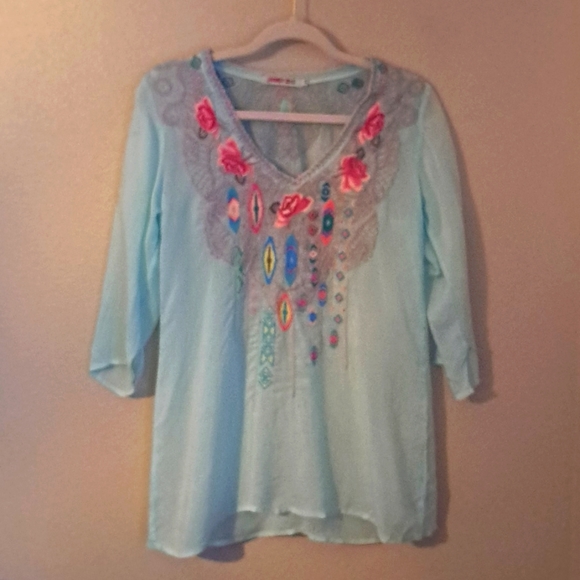 JHONNY WAS Tops - JOHNNY WAS Caribbean Blue Embroidered Tunic Size Xs